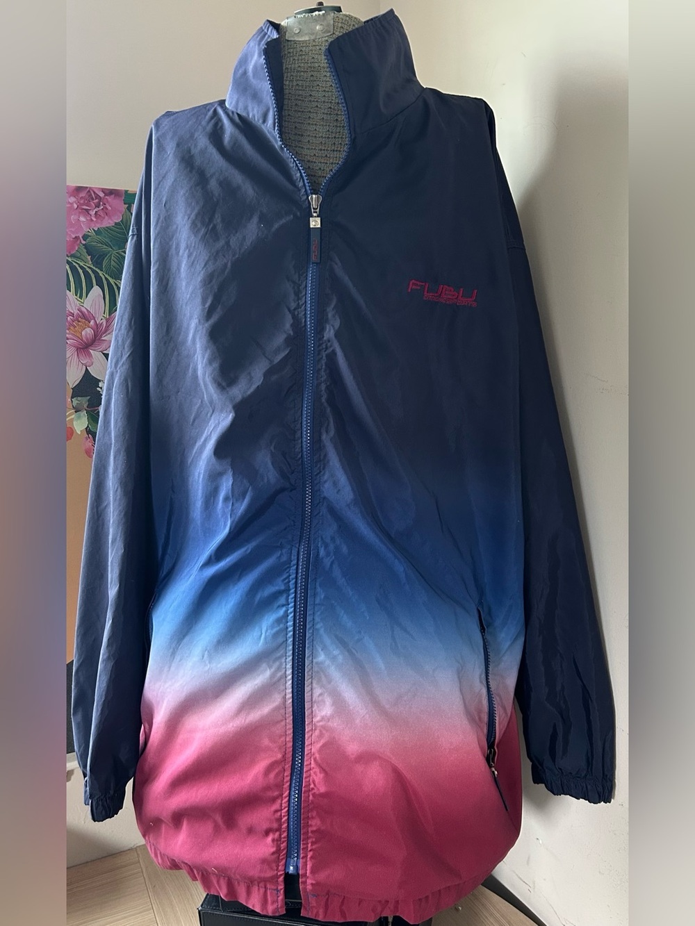 VINTAGE FUBU OMBRÉ WINDBREAKER/TRACK JACKET 2XL. RED, WHITE, BLUE